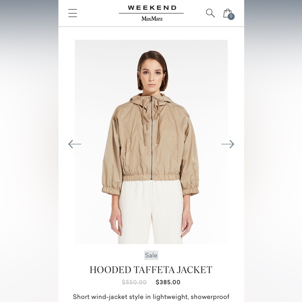 Weekend Max Mara Tan Hooded Taffeta Bomber Jacket. New. Never worn